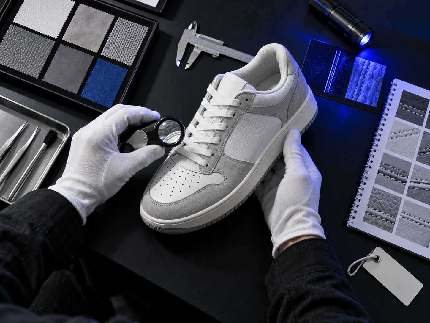 Pemeriksaan detail sneaker di meja autentikasi