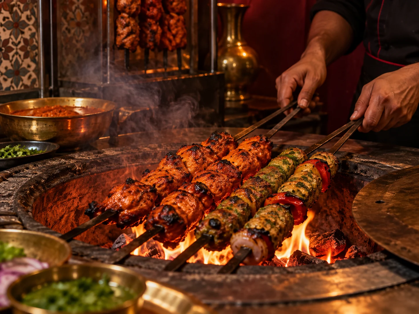 Kebab dan tikka dipanggang di atas bara tandoor